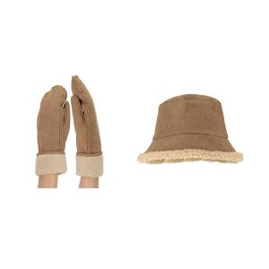 Rękawiczki damskie i kapelusz typu bucket zamszowe w kolorze piaskowym, rozmiar. Brązowe kapelusze SARLINI, bez wzorów, z materiału, eleganckie. Za 197,80 zł.