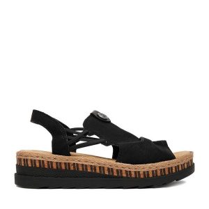 Sandały Rieker. Czarne sandały Rieker, bez wzorów, bez obcasa, na koturnie, bez zapięcia. Za 319,99 zł.