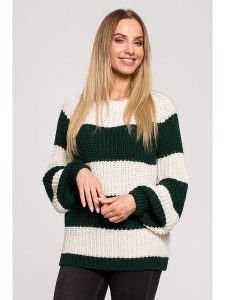 Made of emotion Sweter w kolorze ciemnozielono-kremowym rozmiar: S/M. Brązowe swetry oversize Made Of Emotion, m, bez wzorów, ze splotem, bez ramiączek. Za 92,21 zł.