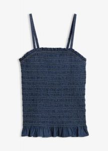 Jeansowy top na cienkich ramiączkach z bawełny organicznej. Niebieskie topy bonprix, bez wzorów, z bawełny, bez kołnierzyka, bez ramiączek. Za 54,99 zł.