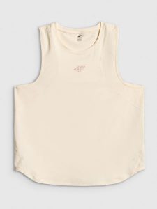 4F Top treningowy regular szybkoschnący damski - biały L. Białe topy 4f, l, bez wzorów, z materiału, bez kołnierzyka, bez ramiączek. Za 99,99 zł.