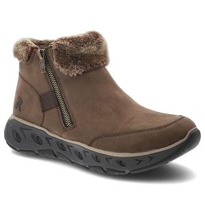 Brązowe Botki Rieker Ocieplane Buty Damskie Zapinane. Brązowe botki Rieker, bez wzorów, z materiału, bez obcasa, bez zapięcia. Za 389,00 zł.