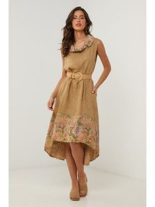 Le Monde du Lin Lniana sukienka w kolorze jasnobrązowym rozmiar: 34/36. Brązowe sukienki Le Monde du Lin, bez wzorów, ze lnu, klasyczne, bez kołnierzyka, bez ramiączek, midi. Za 165,99 zł.