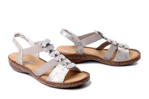 RIEKER 62850-90 metallic, sandały damskie. Brązowe sandały Rieker, bez wzorów, bez obcasa, bez zapięcia. Za 239,92 zł.