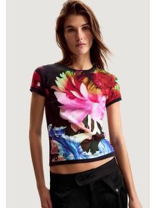 Desigual T-Shirt TS_MULTIFLOWERS_LAC Niebieski Casual Fit. Niebieskie t-shirty Desigual, xs, bez wzorów, bez kołnierzyka, bez ramiączek. Za 249,99 zł.