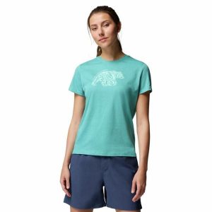 Koszulka techniczna damska Columbia Ruby Springs Graphic Fit Short Sleeve. Niebieskie koszulki sportowe Columbia, bez wzorów, bez ramiączek. Za 93,09 zł.