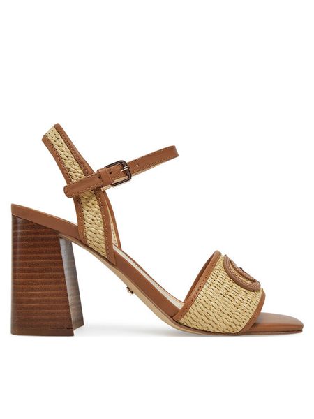 Guess Sandały FLJGNK FAB03 Beżowy. Brązowe sandały Guess, z aplikacjami, ze skóry, bez obcasa, na słupku, bez zapięcia. Za 369,99 zł.