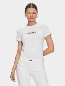 Guess Jeans T-Shirt W4YI03 J1314 Biały Slim Fit. Białe t-shirty Guess Jeans, xxl, z aplikacjami, z bawełny, bez kołnierzyka, bez ramiączek. Za 89,99 zł.
