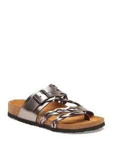 Comfortfusse Skórzane japonki w kolorze srebrnym rozmiar: 39. Szare klapki Comfortfüße, bez wzorów, ze skóry, z otwartym noskiem, bez obcasa. Za 260,99 zł.