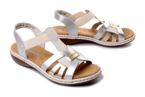 Rieker 65918-91 metallic, sandały damskie. Brązowe sandały Rieker, bez wzorów, bez obcasa, bez zapięcia. Za 289,90 zł.
