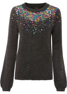 Sweter z cekinami. Szare swetry klasyczne bonprix, bez kołnierzyka. Za 127,99 zł.