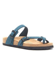Comfortfusse Skórzane japonki w kolorze granatowym rozmiar: 35. Niebieskie klapki Comfortfüße, bez wzorów, z nubiku, z otwartym noskiem, bez obcasa. Za 180,06 zł.
