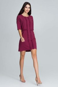 Bordowa Elegancka Krótka Sukienka z Falbankami. Czerwone sukienki Figl, l, bez wzorów, z elastanu, eleganckie, bez kołnierzyka, bez ramiączek, mini. Za 269,00 zł.