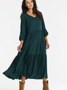 Sukienka Model A669 Bottle Green - awama. Zielone sukienki Awama, do pracy, l, bez wzorów, z elastanu, biznesowe, bez kołnierzyka, plus size, bez ramiączek, maxi, proste. Za 398,95 zł.
