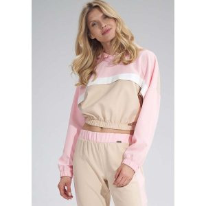 Dwukolorowa Krótka Bluza z Kapturem - Beżowo-Różowa. Brązowe bluzy Figl, m, bez wzorów, z elastanu, z kapturem. Za 169,00 zł.