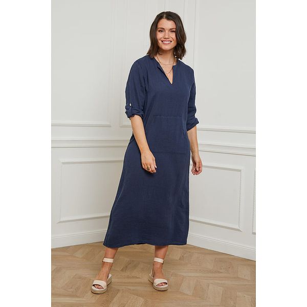 Curvy Lady Lniana sukienka w kolorze granatowym rozmiar: 44/46. Niebieskie sukienki Curvy Lady, bez wzorów, ze lnu, klasyczne, bez kołnierzyka, bez ramiączek, maxi. Za 153,45 zł.