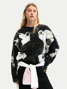 Desigual Bluza Kiss Mickey 26SWSK08 Czarny Relaxed Fit. Czarne bluzy Desigual, m, bez wzorów, z bawełny, bez kaptura. Za 392,99 zł.