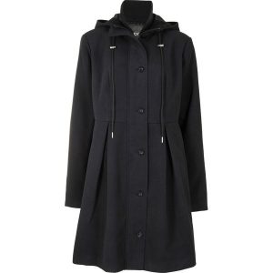 Płaszcz z kapturem i zakładkami, fason o linii litery A. Czarne płaszcze bonprix, bez wzorów, z kapturem. Za 329,99 zł.