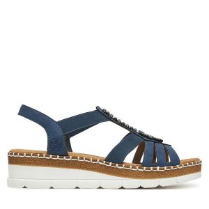 Sandały Rieker. Niebieskie sandały Rieker, bez wzorów, bez obcasa, na koturnie, bez zapięcia. Za 299,99 zł.