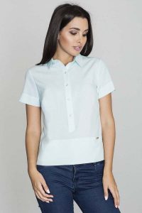 Miętowa Bluzka Polo z Krótkim Rękawem. Zielone bluzki Figl, l, bez wzorów, bez kołnierzyka, bez ramiączek. Za 179,00 zł.
