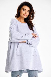 Bluza damska oversize długa z kieszenią kangurka szara. Szare bluzy Infinite You, l, bez wzorów, z bawełny, bez kaptura. Za 269,00 zł.