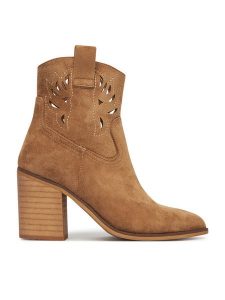 DeeZee Botki 220565-1 Brązowy. Brązowe botki DeeZee, bez wzorów, z materiału, bez obcasa, na słupku, bez zapięcia. Za 169,99 zł.