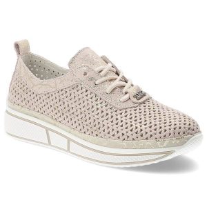 Sneakersy damskie Vinceza, ze skóry naturalnej zamszowej ażurowa cholewka sznurowanie lekka platforma casual, beżowe, 95387. Brązowe czółenka VINCEZA, w ażurowe wzory, z jeansu, bez obcasa, na koturnie, bez zapięcia. Za 170,90 zł.