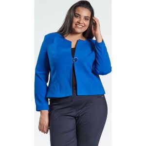 Kobaltowy klasyczny, damski żakiet w dużych rozmiarach OVERSIZE PLUS SIZE WIOSNA. Kardigany marki Moda Size Plus Iwanek. Za 149,00 zł.