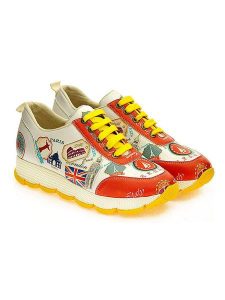 Goby Skórzane sneakersy w kolorze kremowo-czerwono-żółtym rozmiar: 39. Brązowe trampki Goby, bez wzorów, bez zapięcia. Za 254,74 zł.