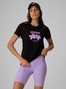 4F T-shirt regular z nadrukiem damski - czarny S. Czarne t-shirty 4f, s, bez wzorów, z bawełny, bez kołnierzyka, bez ramiączek. Za 69,99 zł.