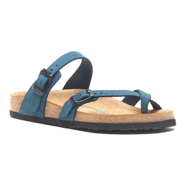 Comfortfusse Skórzane japonki w kolorze granatowym rozmiar: 42. Niebieskie klapki Comfortfüße, bez wzorów, z nubiku, z otwartym noskiem, bez obcasa. Za 224,95 zł.