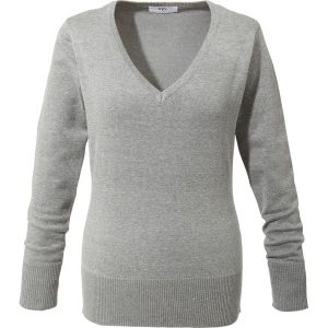Sweter z dekoltem w serek z dzianiny o gładkim splocie drobnych oczek. Zielone swetry klasyczne bonprix, z bawełny, bez kołnierzyka. Za 82,99 zł.