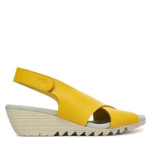 Sandały Fly London. Żółte sandały Fly London, bez wzorów, bez obcasa, na koturnie, bez zapięcia. Za 420,99 zł.