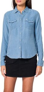 LEE REGULAR WESTERN SHIRT DAMSKA KOSZULA SURF BLUE L45SGIQF 112110482. Niebieskie koszule Lee, l, bez wzorów, bez kołnierzyka, bez ramiączek. Za 129,99 zł.