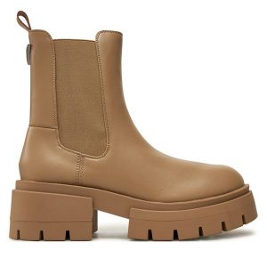 Sztyblety Guess. Brązowe botki Guess, z aplikacjami, bez obcasa, na płaskiej podeszwie, bez zapięcia. Za 449,99 zł.