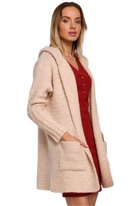 Kardigan oversize z wełną i obszernym kapturem wąskie rękawy beżowy. Brązowe kardigany Polskie swetry, z materiału. Za 289,00 zł.