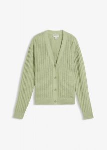 Sweter rozpinany w ażurowy wzór z dodatkiem lnu. Zielone kardigany bonprix, na wiosnę, bez kołnierzyka. Za 47,99 zł.