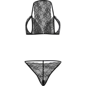 Biustonosz z trójkątnymi miseczkami + stringi "ouvert" (2 części) bonprix czarny. Komplety bielizny marki bonprix. Za 54,99 zł.
