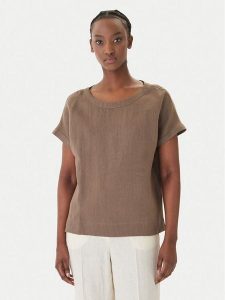 Marella T-Shirt Geyser 2615111132 Beżowy Regular Fit. Brązowe t-shirty Marella, bez wzorów, ze lnu, bez kołnierzyka, bez ramiączek. Za 298,99 zł.