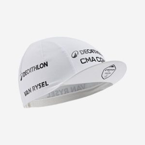 Czapka z daszkiem rowerowa szosowa Van Rysel oficjalna DECATHLON CMA CGM. Białe czapki VAN RYSEL, bez wzorów, z elastanu, sportowe. Za 44,99 zł.