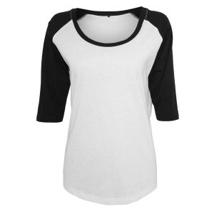 Damska Koszulka Kontrastowa 3/4 Długości Raglan. Białe bluzki BUILD YOUR BRAND, xl, bez wzorów, sportowe, bez kołnierzyka, bez ramiączek. Za 59,99 zł.