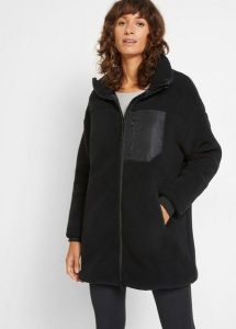 Bluza rozpinana z polaru baranka. Czarne bluzy bonprix, bez wzorów, z polaru, bez kaptura. Za 199,99 zł.