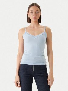 Morgan Top 192-BARBA.N Błękitny Slim Fit. Niebieskie topy Morgan, l, bez wzorów, z wiskozy, bez kołnierzyka, bez ramiączek. Za 79,99 zł.