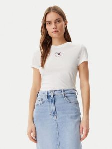 Tommy Jeans T-Shirt Essential DW0DW20316 Biały Slim Fit. Białe t-shirty Tommy Jeans, m, bez wzorów, z jeansu, bez kołnierzyka, bez ramiączek. Za 79,99 zł.