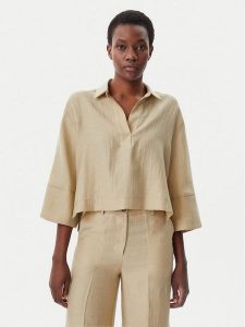 KAOS Bluzka RP1MR064 Beżowy Regular Fit. Brązowe bluzki KAOS, bez wzorów, ze lnu, bez kołnierzyka, bez ramiączek. Za 379,99 zł.