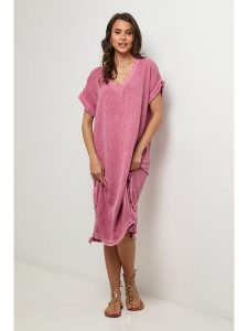 Lin Passion Lniana sukienka w kolorze różowym rozmiar: 40/42. Różowe sukienki Lin Passion, na co dzień, bez wzorów, klasyczne, bez kołnierzyka, bez ramiączek, midi, proste. Za 130,99 zł.