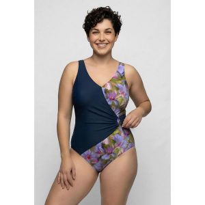 Damskie Strój kąpielowy efekt kopertowy miękkie miseczki ozdobny pierścień. Niebieskie stroje jednoczęściowe Ulla Popken, bez wzorów, z elastanu. Za 239,99 zł.