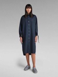 G-Star Sukienka koszulowa w kolorze granatowym rozmiar: XS. Niebieskie sukienki G-Star, xs, bez wzorów, z bawełny, retro, bez kołnierzyka, bez ramiączek, midi, koszulowe. Za 105,63 zł.