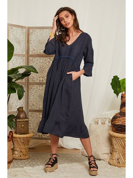 Lin Passion Lniana sukienka w kolorze granatowym rozmiar: 36/38. Niebieskie sukienki Lin Passion, bez wzorów, ze lnu, klasyczne, bez kołnierzyka, bez ramiączek, midi. Za 176,91 zł.