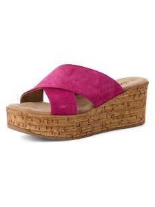 S.Oliver Skórzane klapki w kolorze różowym na koturnie rozmiar: 40. Różowe klapki s.Oliver, bez wzorów, z otwartym noskiem, bez obcasa, na koturnie. Za 165,99 zł.